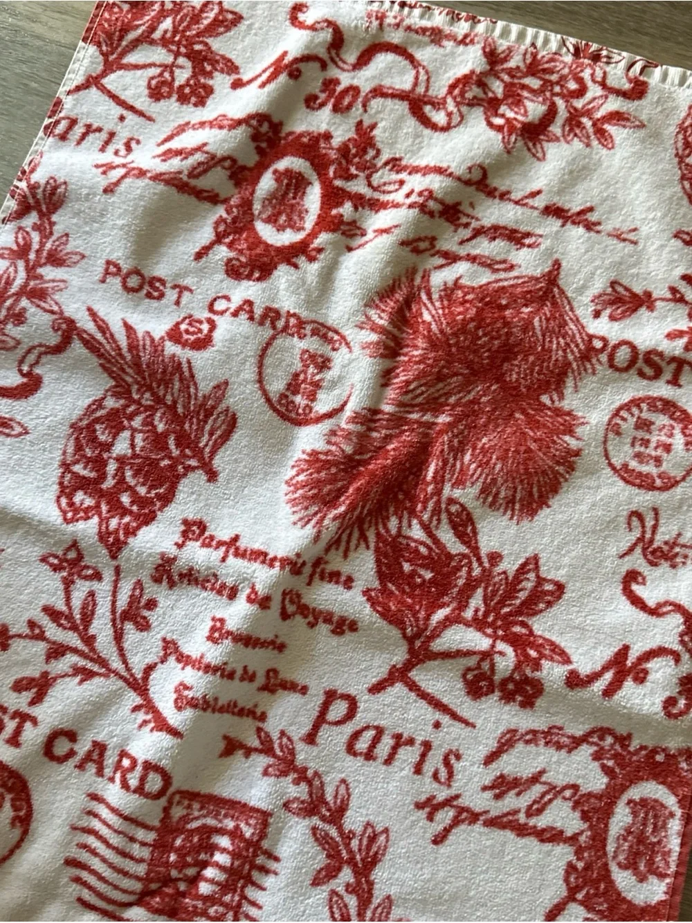 POTTERY BARN French Country Post Card Kitchen Hand Towel Set Of 2: Red Script
